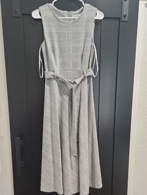 Calvin Klein Sleeveless Gray Plaid Midi Dress with Tie Waist
